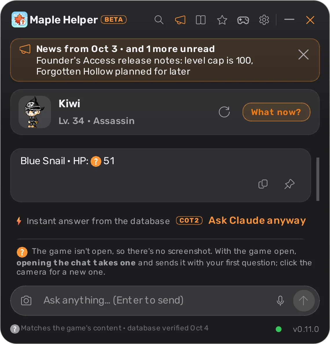 The chat window in dark mode