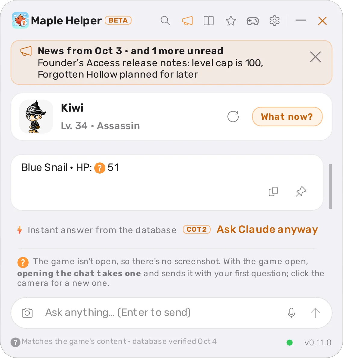 The instant answer Blue Snail HP: 51, straight from the database, with a link to ask Claude anyway