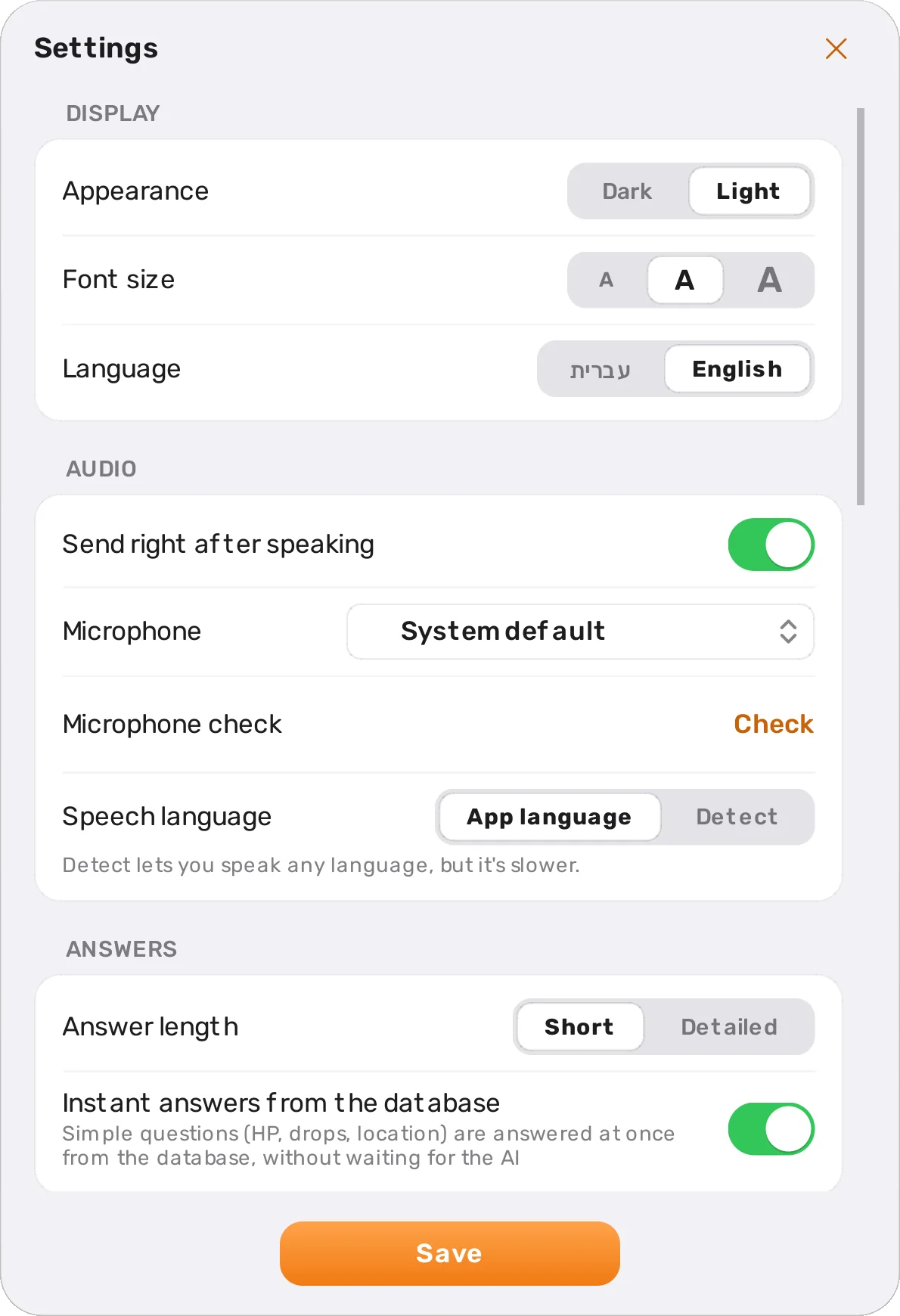 The settings window: light or dark appearance, font size, English or Hebrew, and the microphone