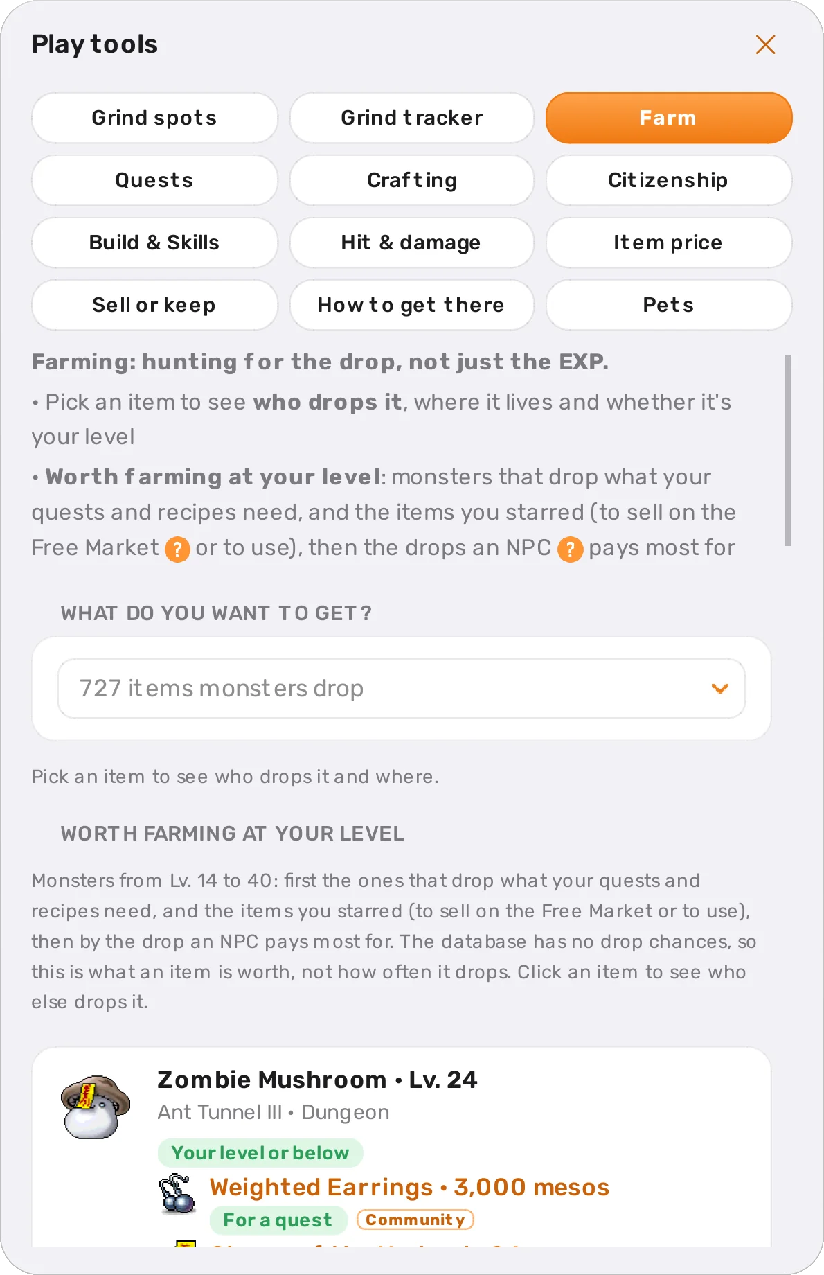 Farm: monsters that drop quest and recipe items, with prices and data sources