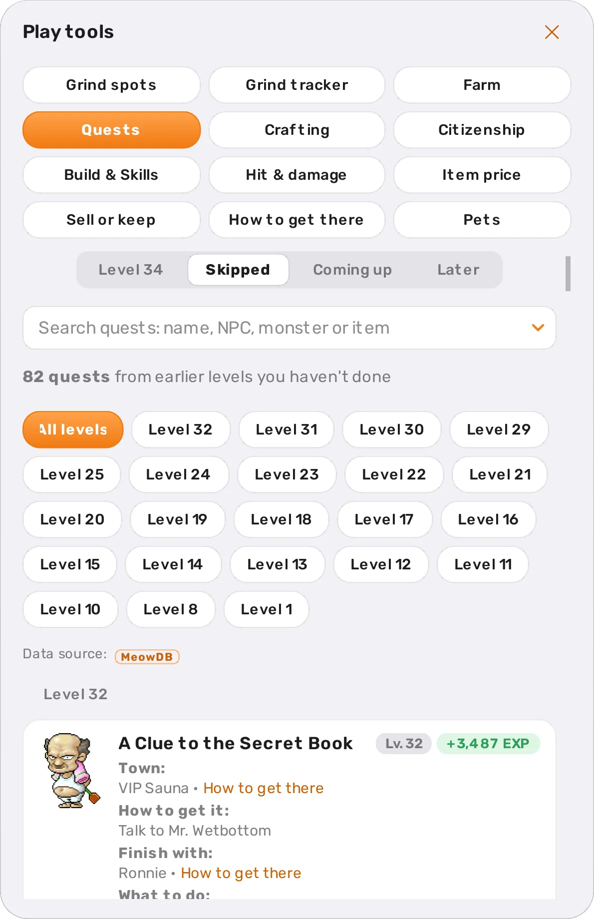 Quests for level 34, a full card for each