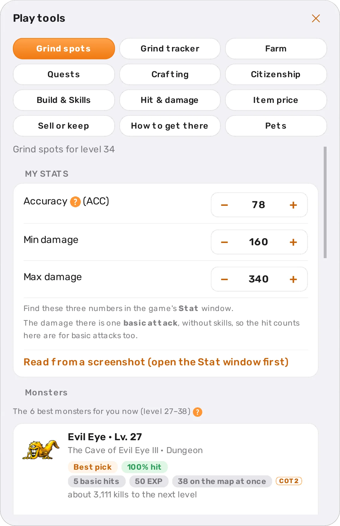 Play tools: the best maps for level 34, with hit chance, hits to kill and EXP