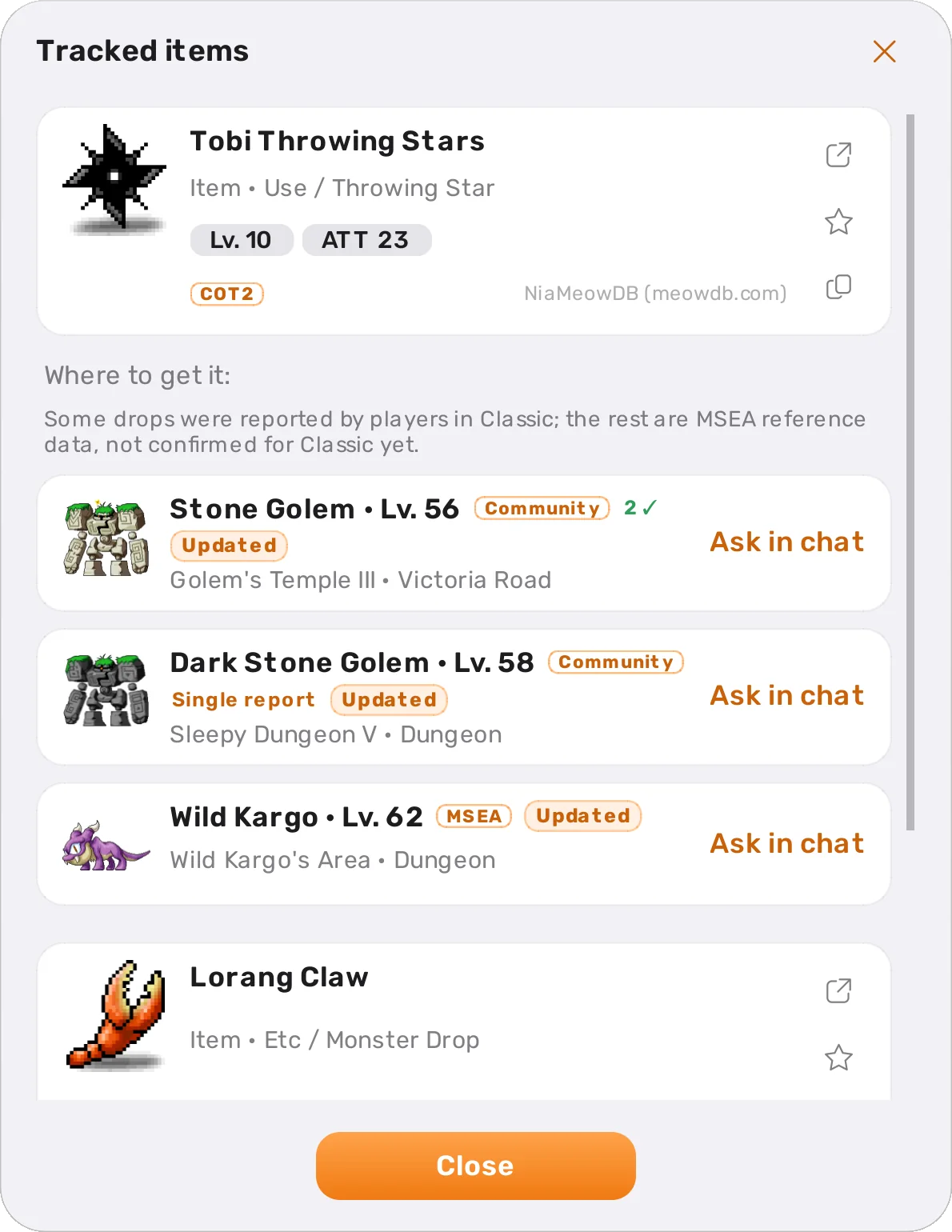 The 'Tracked items' list with Tobi Throwing Stars and Lorang Claw, each followed by the monsters that drop it and their levels